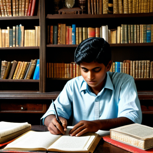 Home 30 Scholarly Research Scene**
"A young scholar at a desk overflowing with books and papers written in Bengali, illuminated by soft lamplight. He is wearing a modest, professional outfit suitable for academic research. The background shows shelves filled with more Bengali texts and artifacts. Perfect anatomy, correct proportions, well-formed hands, proper finger count, natural body proportions, fully clothed, appropriate attire, professional, safe for work, family-friendly, appropriate content."
**