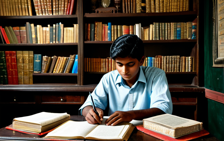 Scholarly Research Scene**
"A young scholar at a desk overflowing with books and papers written in Bengali, illuminated by soft lamplight. He is wearing a modest, professional outfit suitable for academic research. The background shows shelves filled with more Bengali texts and artifacts. Perfect anatomy, correct proportions, well-formed hands, proper finger count, natural body proportions, fully clothed, appropriate attire, professional, safe for work, family-friendly, appropriate content."
**