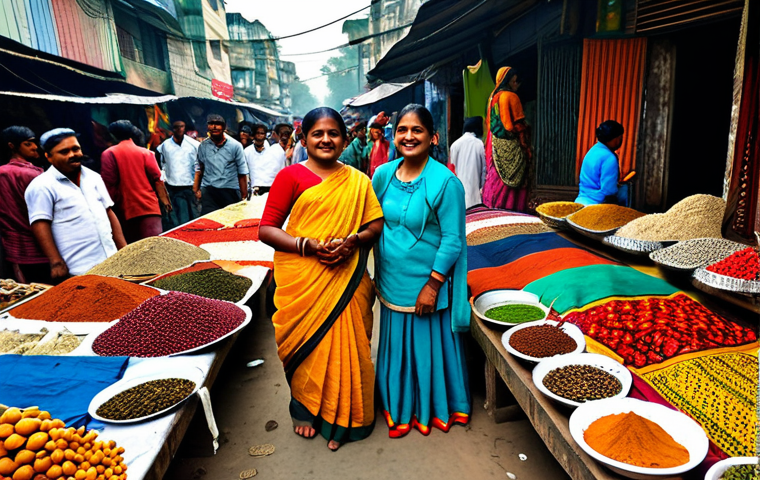 Bengali Cultural Scene**
"A vibrant marketplace in Dhaka, Bangladesh, filled with people in traditional Bengali clothing, selling colorful textiles and spices, fully clothed, appropriate attire, safe for work, perfect anatomy, natural proportions, professional photography, high quality, family-friendly."
**
