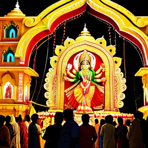 Home 27 Durga Puja Festival**
"A vibrant and bustling Durga Puja festival scene in Kolkata, India. Fully clothed people in traditional Indian attire are joyfully participating in the festivities. Elaborate pandals are decorated with colorful lights and intricate designs. Safe for work, appropriate content, perfect anatomy, correct proportions, professional photography, high quality, family-friendly, modest clothing."
**
