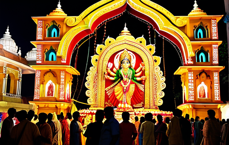 Durga Puja Festival**
"A vibrant and bustling Durga Puja festival scene in Kolkata, India. Fully clothed people in traditional Indian attire are joyfully participating in the festivities. Elaborate pandals are decorated with colorful lights and intricate designs. Safe for work, appropriate content, perfect anatomy, correct proportions, professional photography, high quality, family-friendly, modest clothing."
**
