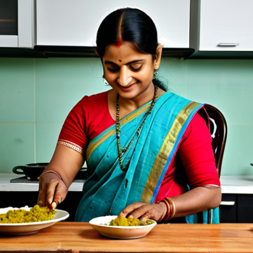 Home 14 Taste of Bengal - Home Cooking**
"A warm, inviting kitchen scene featuring a woman in her 40s, fully clothed in a modest sari, preparing a traditional Bengali dish like 'aloo posto' (potato with poppy seed paste), safe for work, appropriate content, professional food photography, natural lighting, perfect anatomy, well-formed hands, proper finger count, family-friendly, high resolution, detailed textures."
**