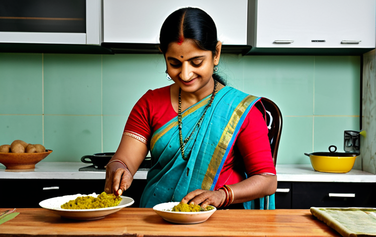 Taste of Bengal - Home Cooking**
"A warm, inviting kitchen scene featuring a woman in her 40s, fully clothed in a modest sari, preparing a traditional Bengali dish like 'aloo posto' (potato with poppy seed paste), safe for work, appropriate content, professional food photography, natural lighting, perfect anatomy, well-formed hands, proper finger count, family-friendly, high resolution, detailed textures."
**